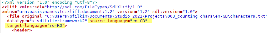 Screenshot showing the languages in an sdlxliff file.