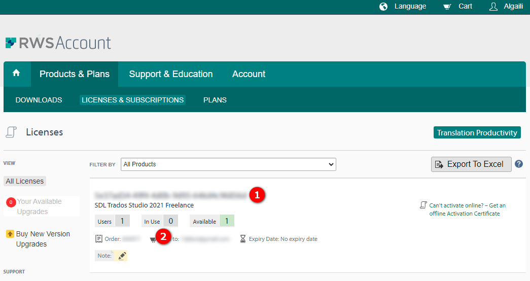 Screenshot showing where the licence is and the fact it's not in use