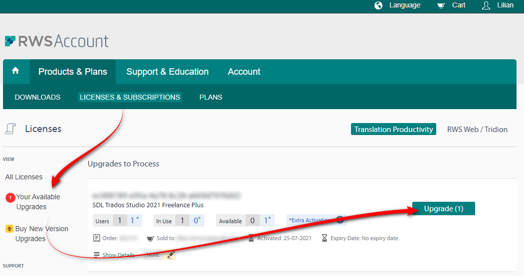 Screenshot of a user interface for RWS Account, focusing on the "Licenses & Subscriptions" section. At the top, there are navigation tabs labeled "Products & Plans," "Support & Education," and "Account." Below, a highlighted section titled "Licenses" contains sub-sections with a red arrow pointing to "Your Available Upgrades" indicating '1', and another red arrow pointing to an "Upgrade (1)" button. The page lists "SDL Trados Studio 2021 Freelance Plus" with details such as "Users 1," "In Use 1," "Available 0," "Extra Activation 1," "Activated: 25-07-2021," and "Expiry Date: No expiry date." The overall color scheme includes shades of blue, green, and grey.