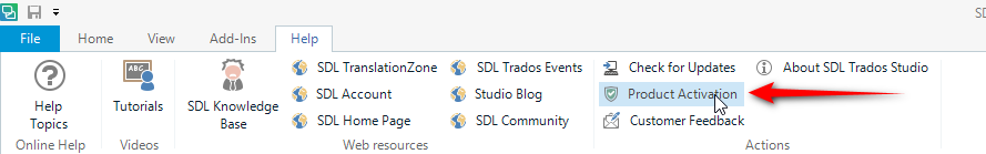 Help menu of Trados Studio 2017with th Product Activation icon highlighted.