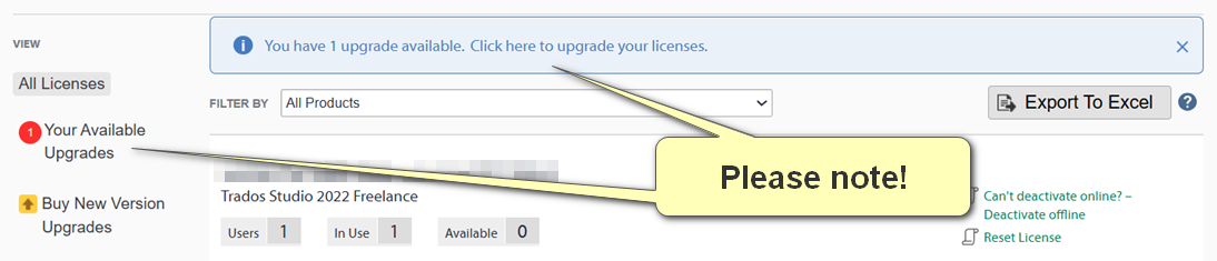 Screenshot of a licensing and installation page showing a notification with an information icon and text 'You have 1 upgrade available. Click here to upgrade your licenses.' A highlighted section reads 'Your Available Upgrades' with details for 'Tradus Studio 2022 Freelance' showing 1 user, 1 in use, and 0 available. A yellow sticky note says 'Please note!'