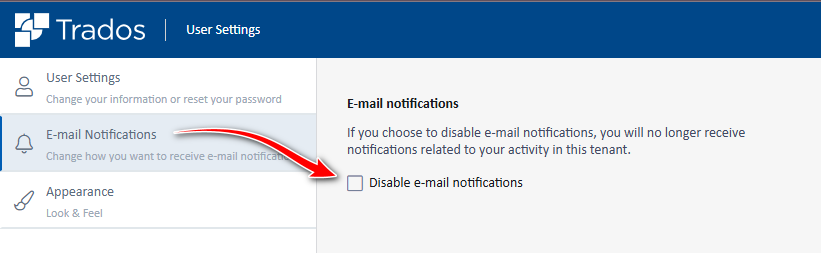 Trados User Settings page showing the E-mail Notifications section with an arrow pointing to the 'Disable e-mail notifications' checkbox.