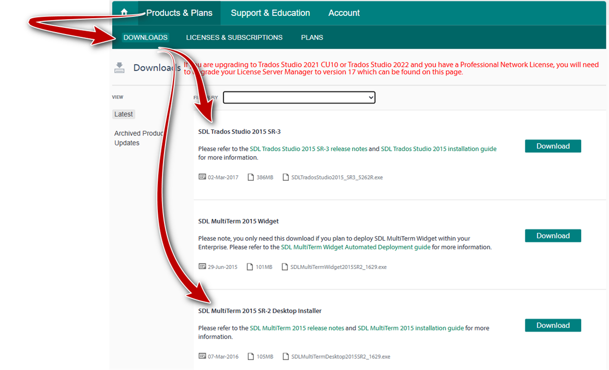 Red arrows highlighting the Downloads section for SDL Trados Studio 2015 SR-3 and SDL MultiTerm 2015 SR-2 Desktop Installer with download buttons.