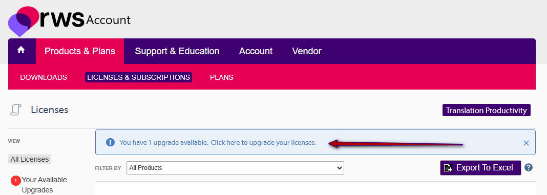 RWS Account page showing a notification with the text 'You have 1 upgrade available. Click here to upgrade your licenses.' and a red arrow pointing to the message.