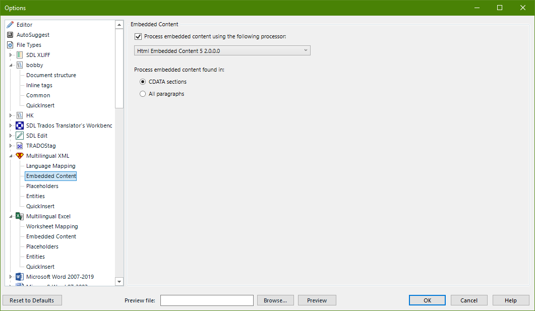 Trados Studio Options window showing Embedded Content settings with 'Process embedded content using the following processor' selected and 'Html Embedded Content 5.2.0.0' chosen from the dropdown menu.