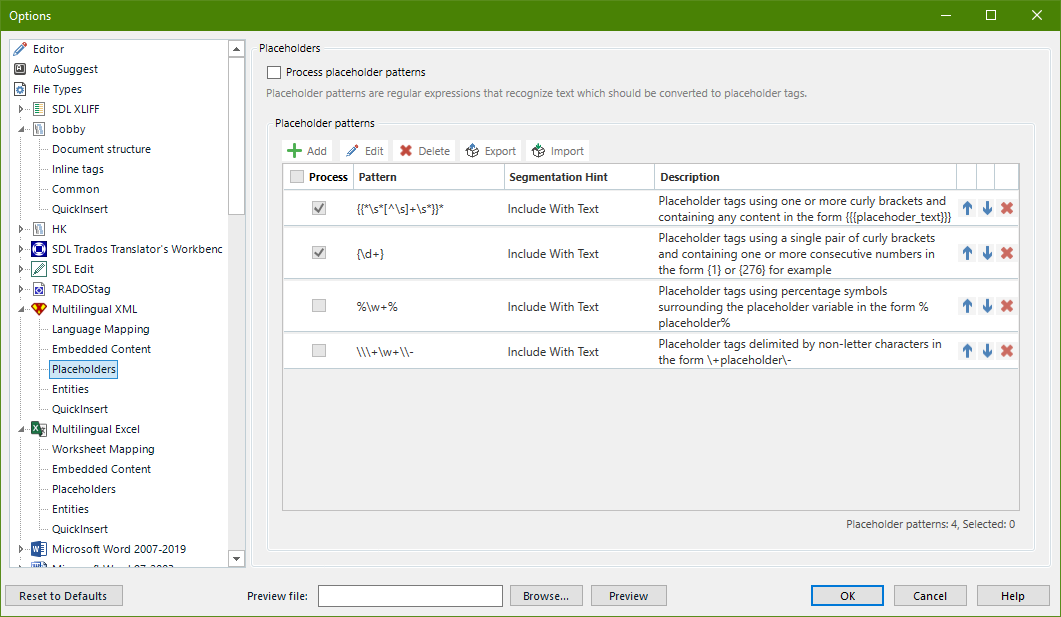 Trados Studio Options window with Placeholders settings showing a list of placeholder patterns and their descriptions, such as 'Placeholder tags using one or more curly brackets and containing any content'.
