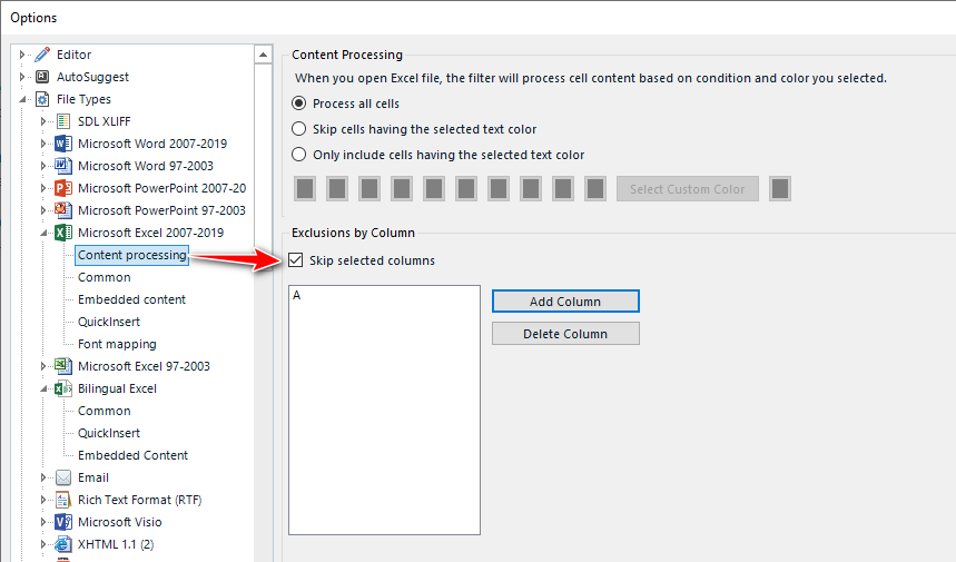 Screenshot of Trados Studio Options menu showing File Types expanded with Microsoft Excel 2007-2019 selected. Content Processing section is highlighted with an arrow pointing to 'Skip selected columns' feature.