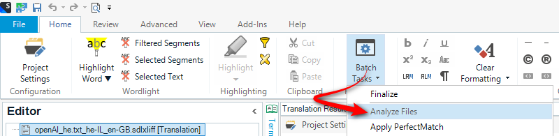 Screenshot showing the analyze files batch task in the Home ribbon.