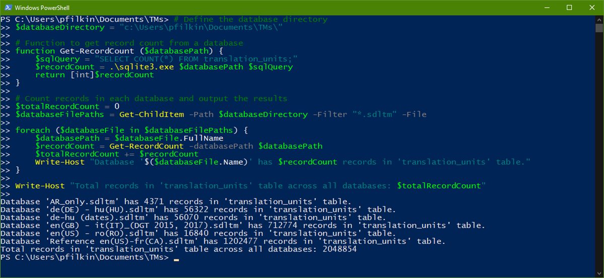 Screenshot showing the powershell interface with the script and the results for 6 translation memories.
