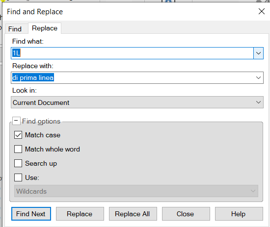 Screenshot of a 'Find and Replace' dialog box with the 'Replace' tab active, 'Find what:' field contains a blue selection, 'Replace with:' field contains the text 'di prima linea'.