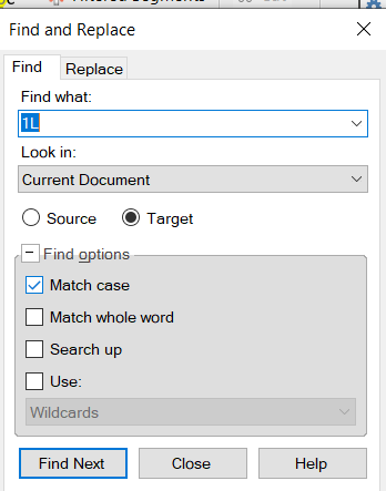 Screenshot of a 'Find and Replace' dialog box with the 'Find' tab active, showing an input field for 'Find what:' with a blue selection but no visible text.