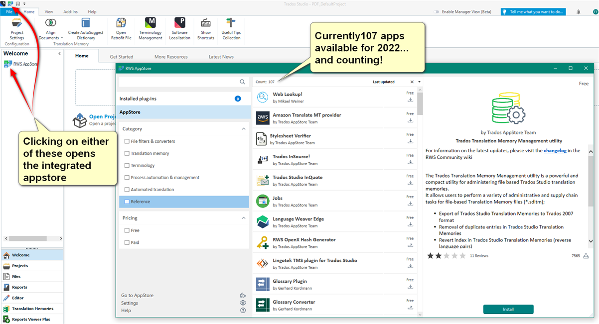 Trados Studio interface showing the Welcome screen with an arrow pointing to 'Open Project' button and another arrow pointing to 'RWS AppStore' indicating the integrated appstore access.