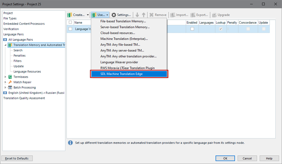 Trados Studio Project Settings window showing the selection of SDL Machine Translation Edge under Translation Memory and Automated Translation.