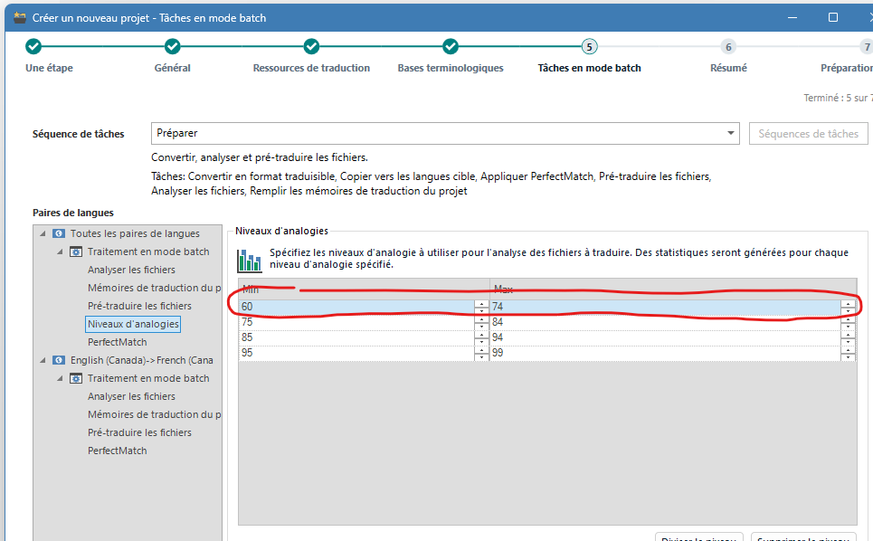 Trados Studio screenshot showing the 'Niveaux d'analogies' options with the 50-74% band highlighted and a red box indicating it should be removed.