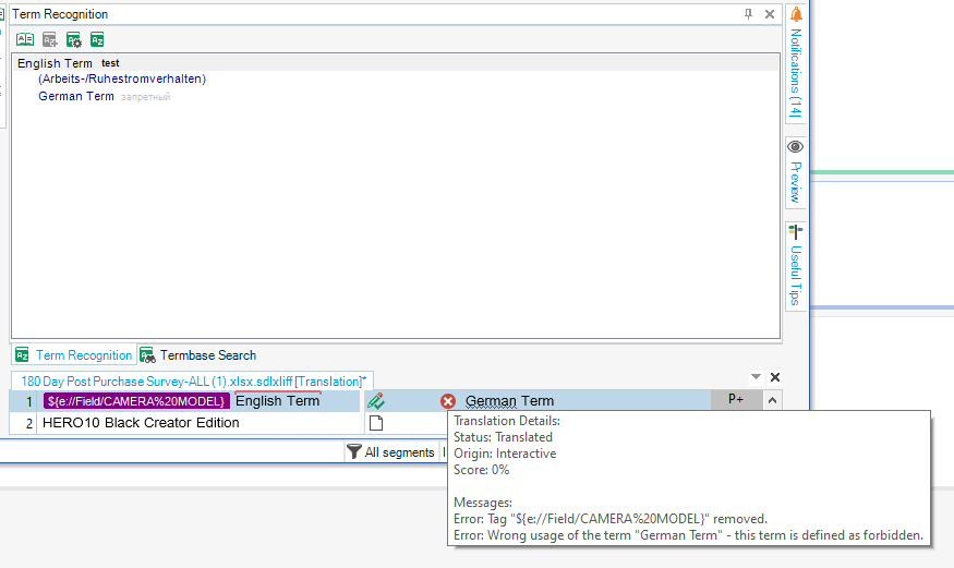 Trados Studio Term Recognition window showing an error message for a German term marked as forbidden and a tag error for 'SeFieldCAMERA%20MODEL'.