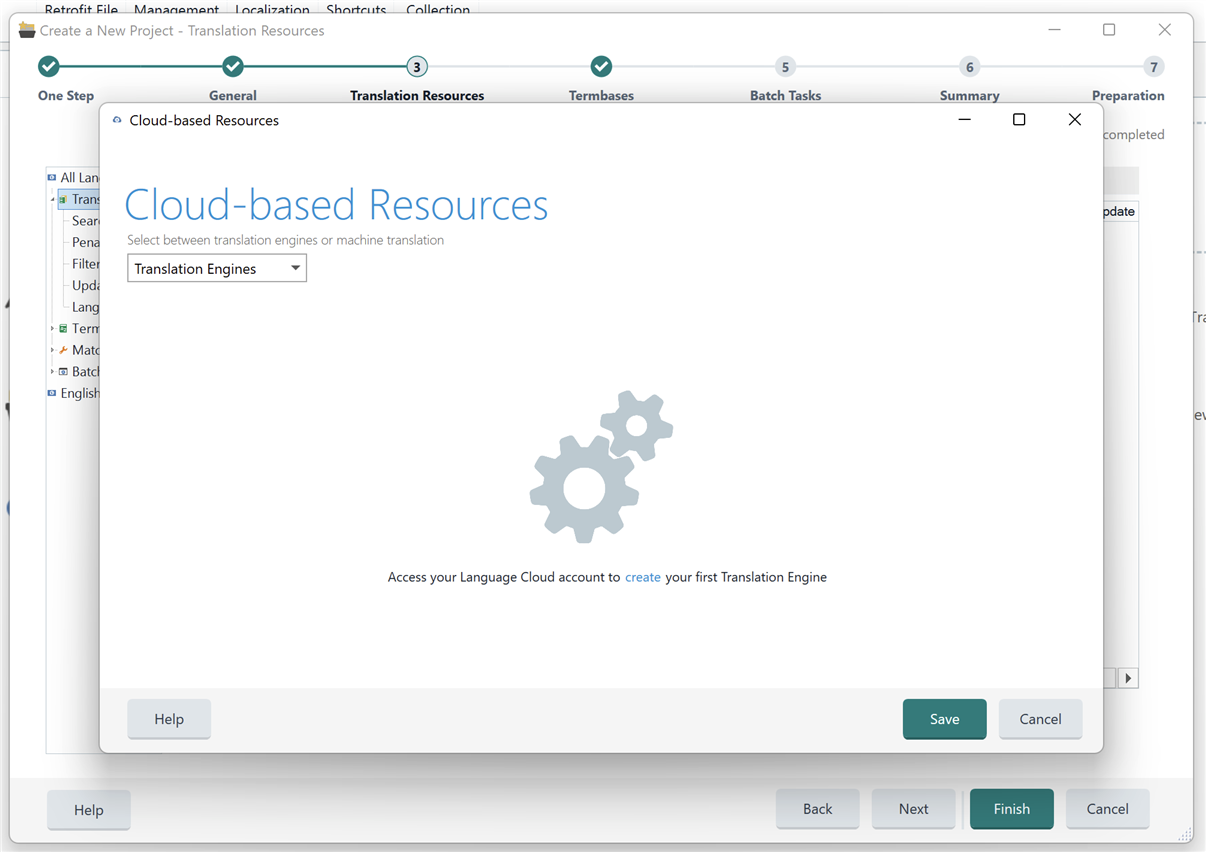 Screenshot of Trados Studio showing the 'Cloud-based Resources' tab with a message prompting to access Language Cloud account to create a Translation Engine, despite already being logged in.