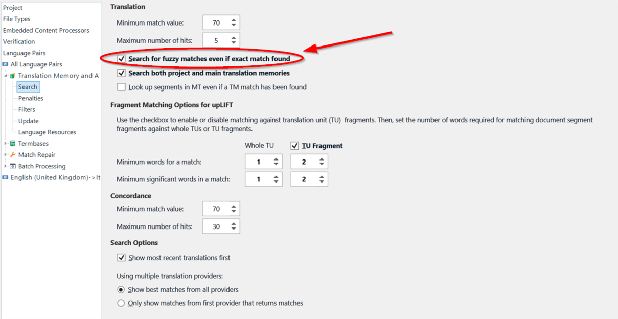 Screenshot of Trados Studio 2022 settings showing 'Search for fuzzy matches even if exact match found' option checked under Translation Memory and Automated Translation settings.