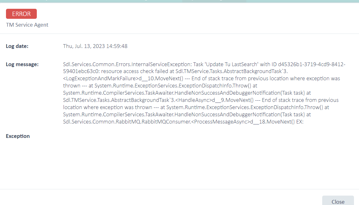 Error message in Trados Studio TM Service Agent indicating an internal service exception and resource access check failure with a task ID and stack trace information.