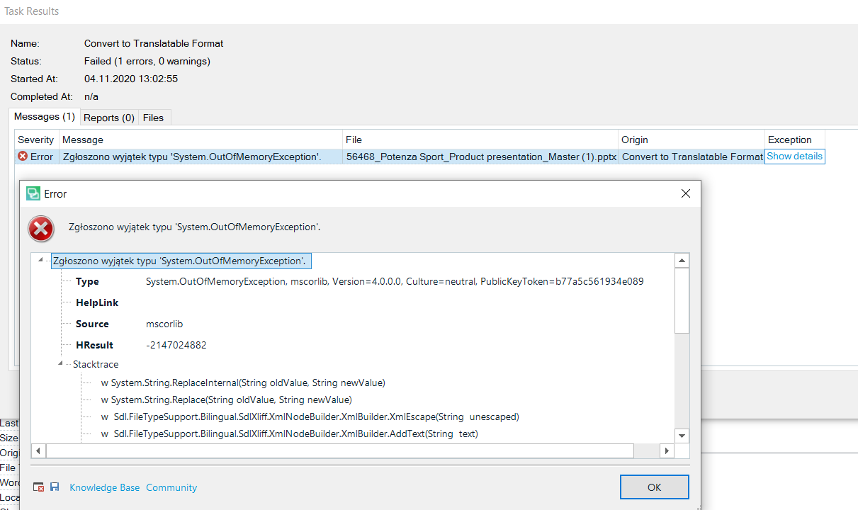 Trados Studio error message displaying 'System.OutOfMemoryException' during conversion of a .pptx file.