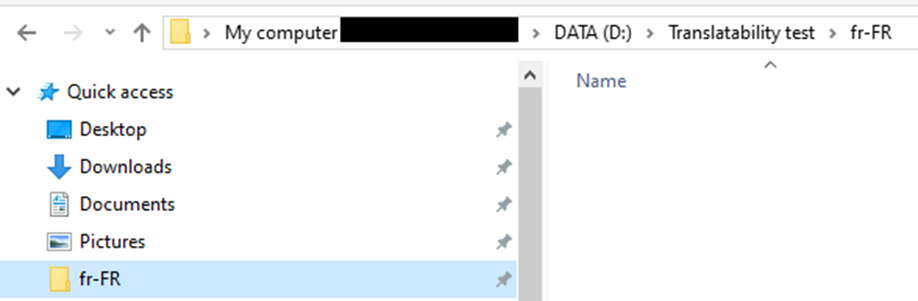 Screenshot of a Windows Explorer window showing the folder path 'DATA (D:) > Translatability test > fr-FR' with the 'fr-FR' folder highlighted.