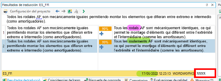 Screenshot of Trados Studio showing a 99% match translation with a green highlight, dated 17062022 with a 'WORDWORKS' watermark.