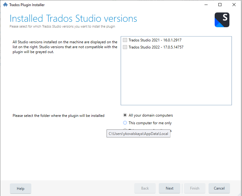 Trados Plugin Installer window showing Installed Trados Studio versions with Trados Studio 2021 and 2022 listed but grayed out, indicating incompatibility.
