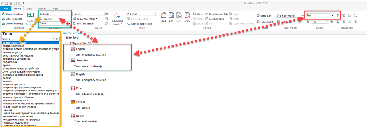 Screenshot of MultiTerm interface showing Bulgarian to Czech termbase with Test layout selected. Terms list includes Cyrillic entries, and term details are displayed for 'emergency situation' in multiple languages.