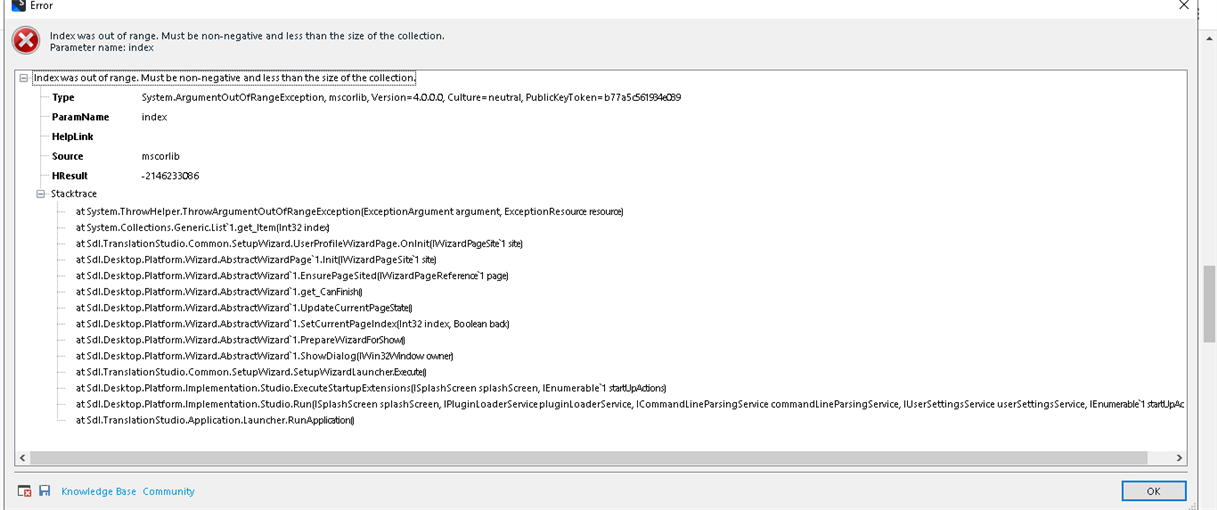 Error dialog box in Trados Studio 2022 displaying message: 'Index was out of range. Must be non-negative and less than the size of the collection. Parameter name: index.' with details of the error type, source, and stack trace.