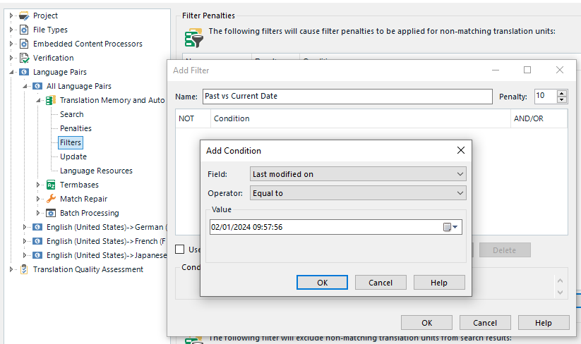 Trados Studio filter settings with 'Add Filter' dialog open, showing 'Last modified on' condition set to a specific date and time.