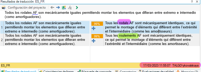 Screenshot of Trados Studio displaying a 99% match translation with a purple highlight, dated 17032023 with a 'TALGO' watermark.