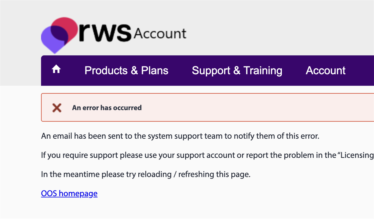 Screenshot of the RWS Account page showing an error message stating 'An error has occurred' with instructions to contact support or reload the page. A link to the OOS homepage is visible.