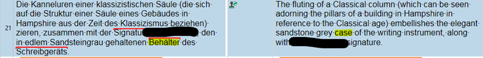 Screenshot of Trados Studio editor showing a segment with a term highlighted, indicating a term base match, but the translation does not use the recommended term.