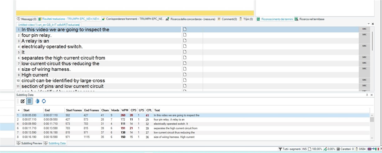 Screenshot of Trados Studio interface showing subtitle translation with segments and timing columns. No visible errors or warnings.