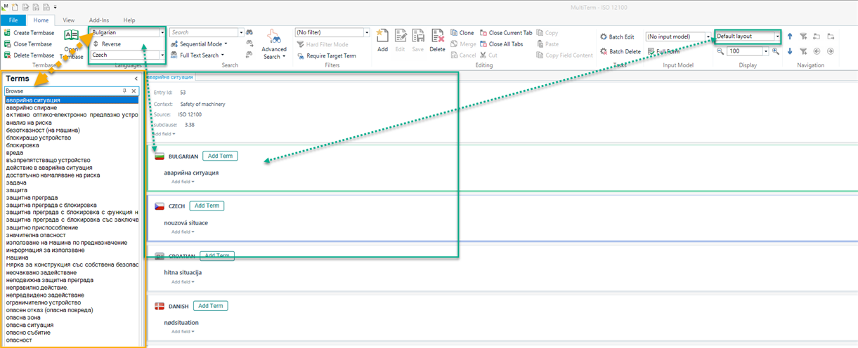 Screenshot of MultiTerm interface showing Bulgarian to Czech termbase with Default layout selected. Terms list includes Cyrillic entries, and term details are displayed for 'Safety of machinery'.