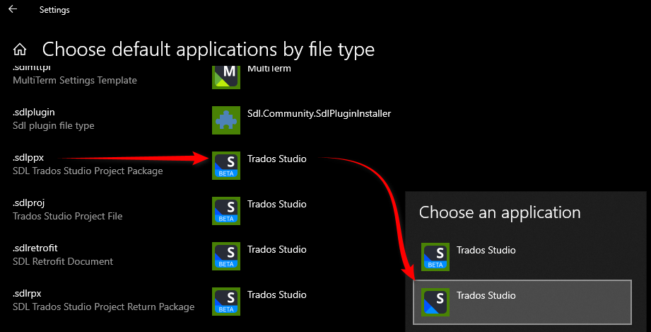 Windows settings showing 'Choose default applications by file type' with a list of file types. An arrow points from '.sdlppx' file type to Trados Studio option in the 'Choose an application' sidebar.
