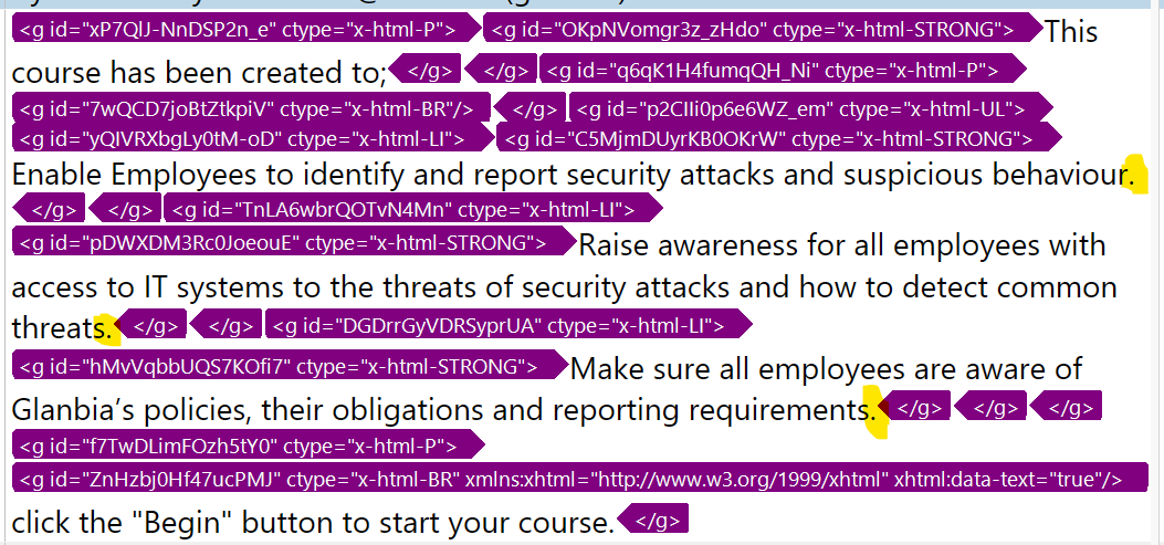 Screenshot of text with XML tags, highlighting 'g' tags that affect paragraph segmentation. Full stops are present within segments, indicating potential segmentation issues.