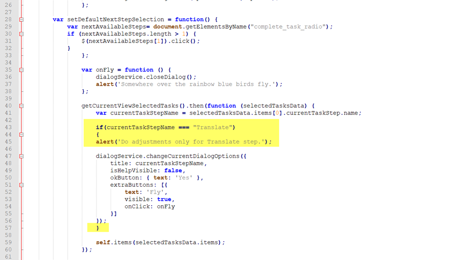 Screenshot of Trados Studio code with a function highlighted, showing an alert for adjustments only on the 'Translate' step.