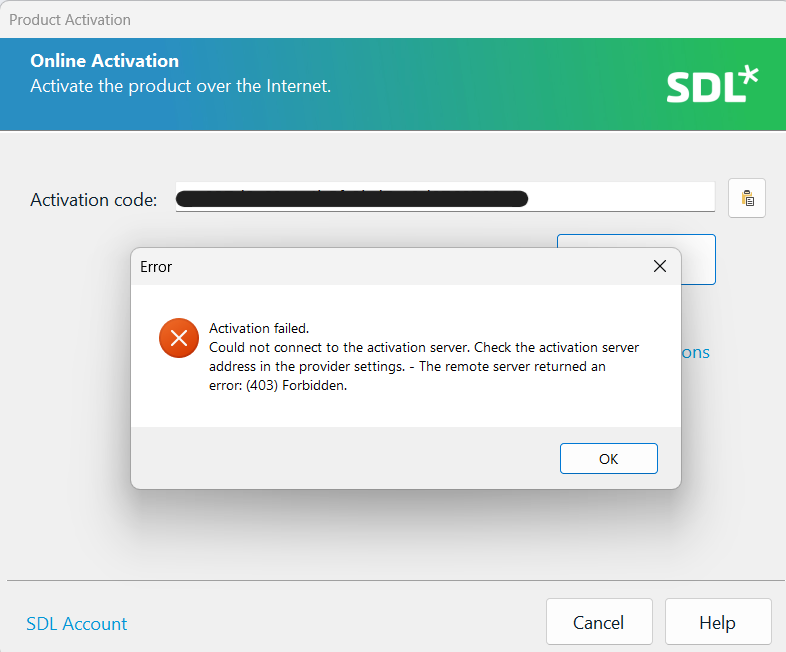 Online Activation window showing an error message: 'Activation failed. Could not connect to the activation server. The remote server returned an error: (403) Forbidden.'