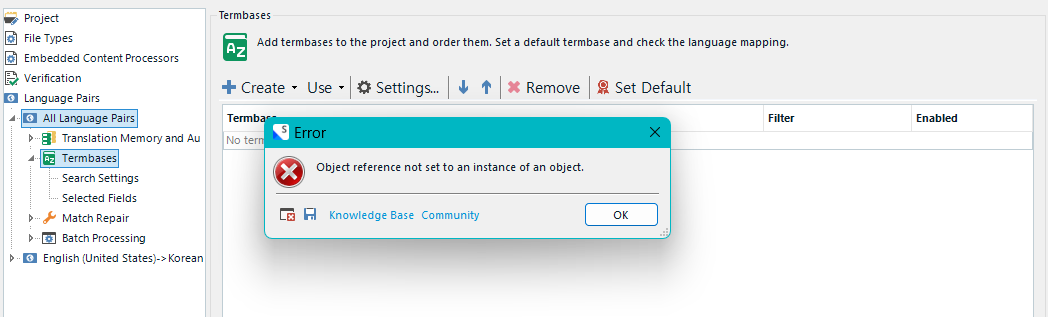 Error message popup with a red cross icon stating 'Object reference not set to an instance of an object.' in the Termbases section of the Language Pairs settings.