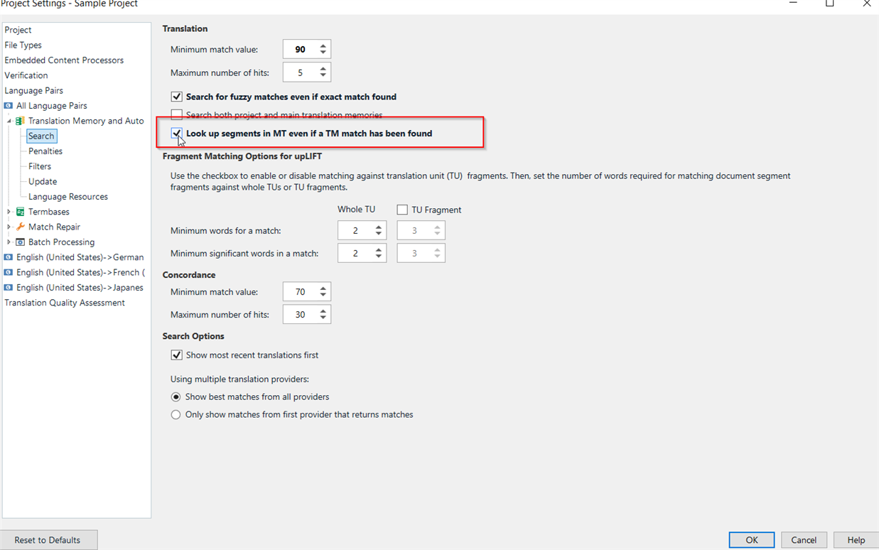 Project Settings window showing Translation Memories and Automated Translation settings. The 'Lookup segments in MT even if a TM match has been found' option is checked.