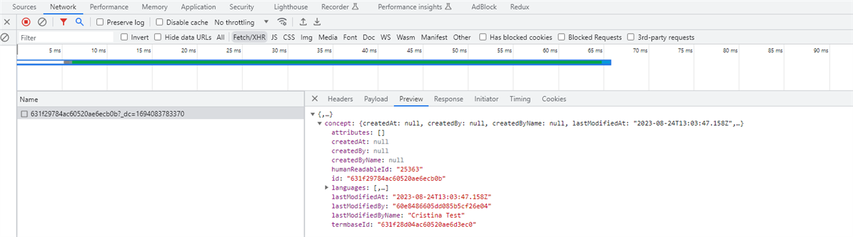 Screenshot of Trados Studio's get concept request response showing null values for created and attribute fields, and 'Cristina Test' as the last modified by name.