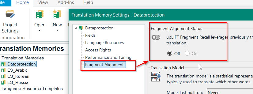 Trados Studio Translation Memory Settings window showing 'Dataprotection' selected with 'Fragment Alignment' option highlighted. A sub-window displays 'Fragment Alignment Status' with 'Off' and 'On' options, 'Off' is selected.