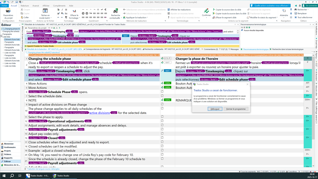 Screenshot of Trados Studio editor with a crash error message in French stating 'Trados Studio a cess  de fonctionner' and options to debug or close the program.