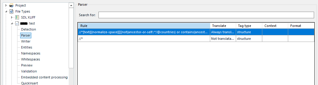 Trados Studio File Types view with a test file type selected, displaying XPath rules for translation filtering with no visible errors.