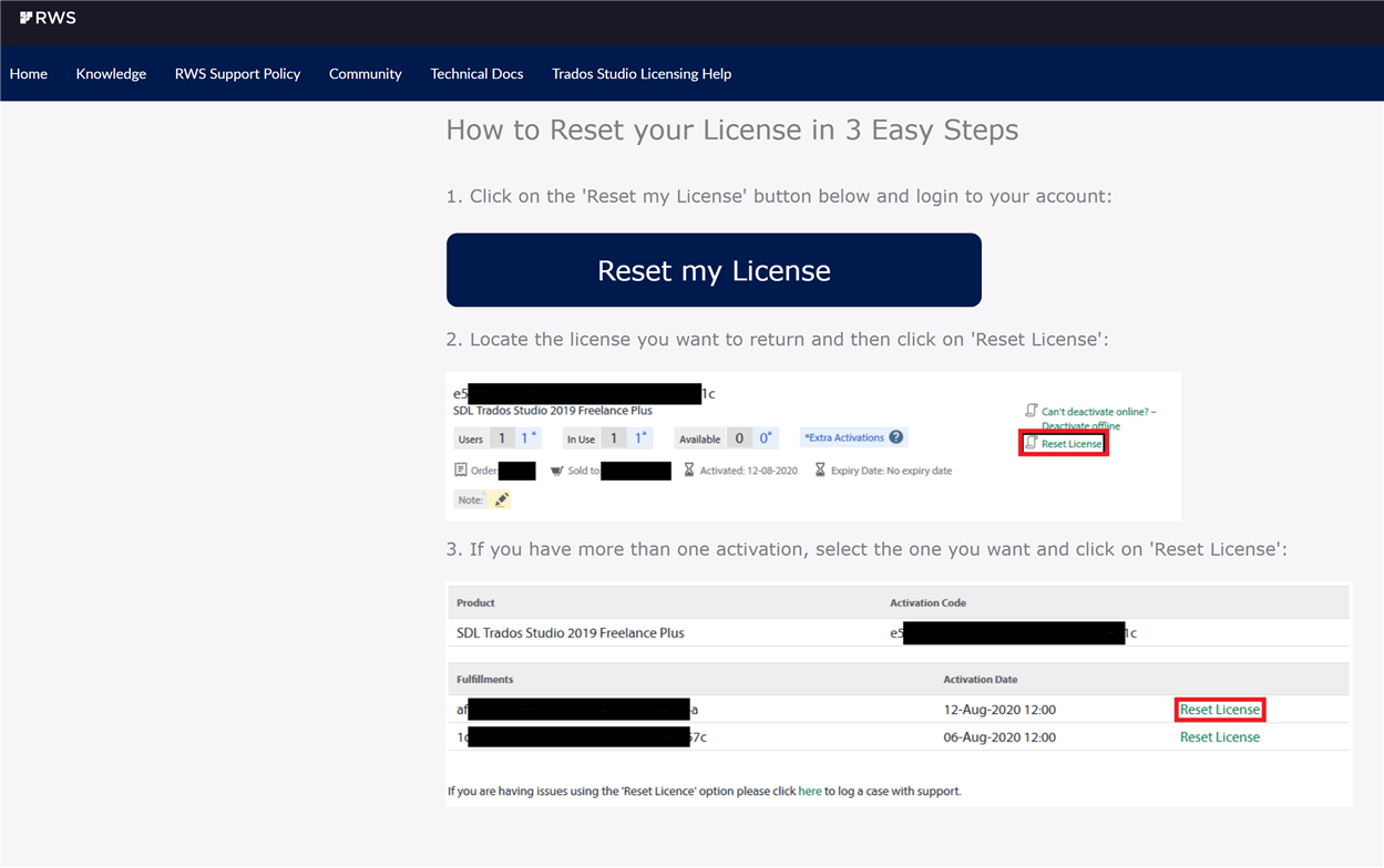 Screenshot of an RWS support article titled 'How to Reset your License in 3 Easy Steps', showing a 'Reset my License' button and instructions with images illustrating the steps, including a highlighted 'Reset License' button.
