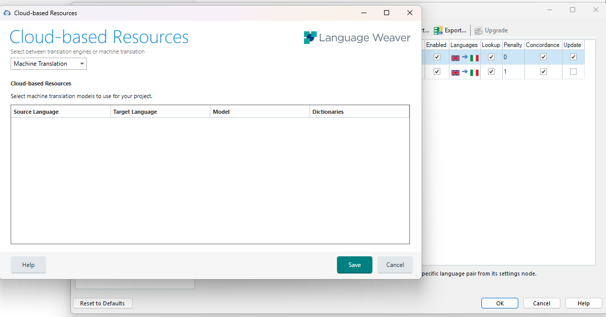 Cloud-based Resources window for Language Weaver showing Machine Translation selected but no options listed under Source Language, Target Language, Model, or Dictionaries. Save and Cancel buttons are visible.