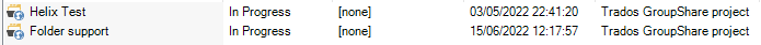 Screenshot displaying two Trados Studio projects with status. 'Helix Test' project is in progress with no additional icons. 'Folder support' project is in progress with a GroupShare project icon.
