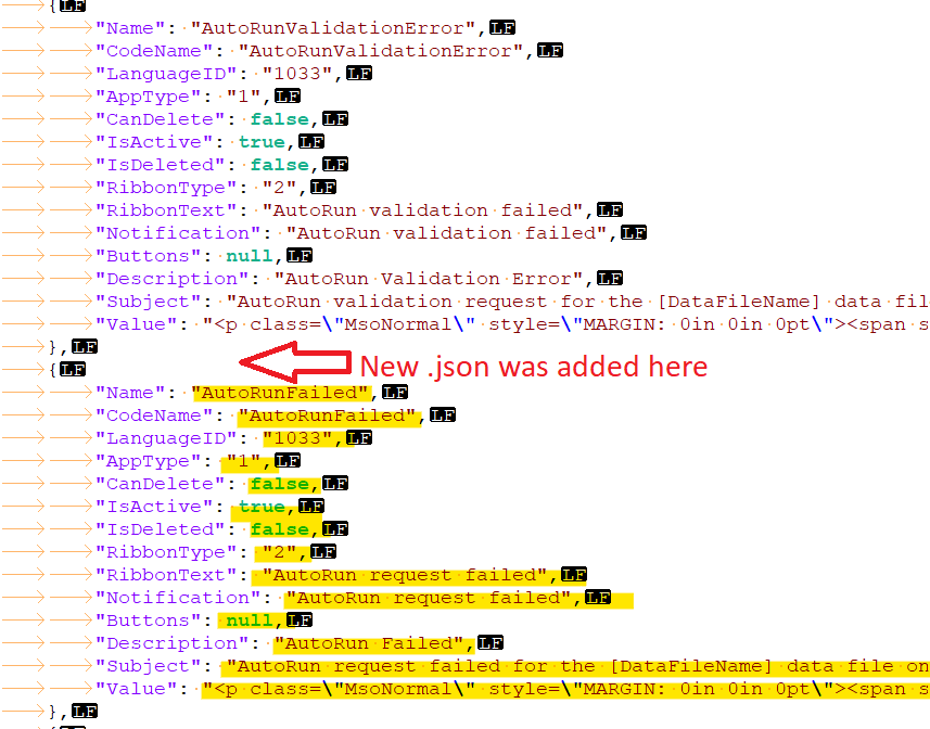 Screenshot of a JSON file showing an entry named 'AutoRunValidationError' above a red arrow pointing to a new entry named 'AutoRunFailed', indicating where the new JSON was added.