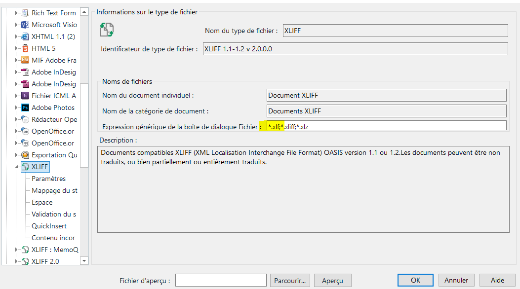 Trados Studio settings window displaying file type information for XLIFF, including file name patterns like *.xlf, *.xliff, *.xlz, and a description of supported XLIFF formats.