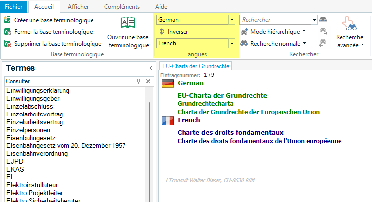 Trados Studio screenshot showing a search from German to French with results for 'EU-Charta der Grundrechte' in German and 'Charte des droits fondamentaux' in French.
